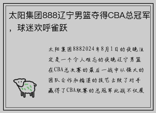 太阳集团888辽宁男篮夺得CBA总冠军，球迷欢呼雀跃